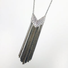 Hammered silver metal pendant necklace with chain fringe
