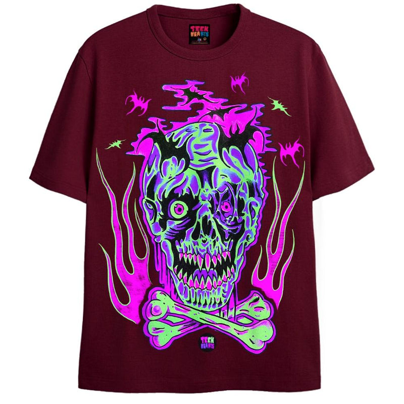 SKULLS + BATS T-Shirts DTG Small Maroon 