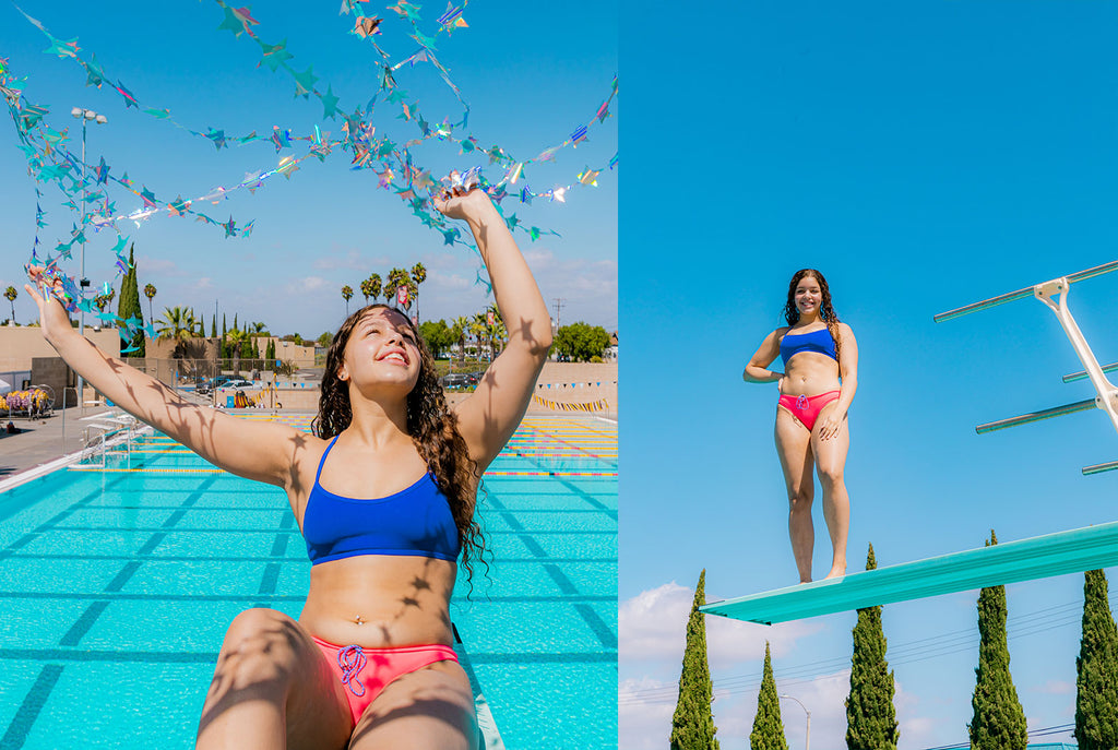 competitive swimmer Breckynn Willis, on a diving board, two images