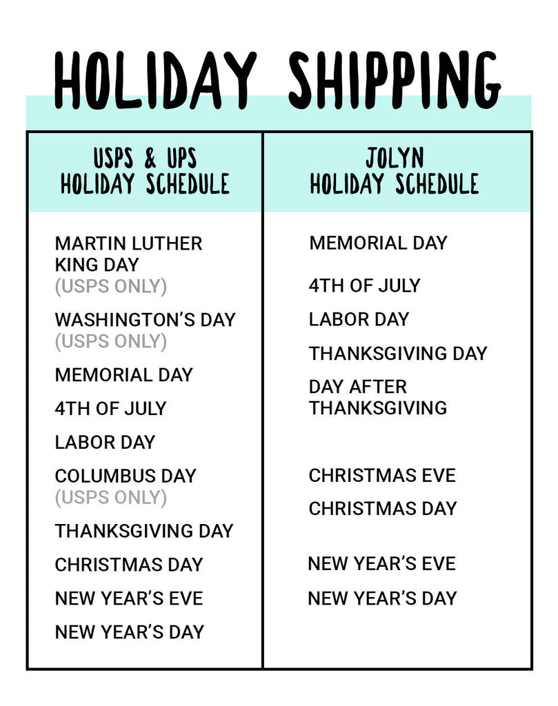 Holiday shipping schedule