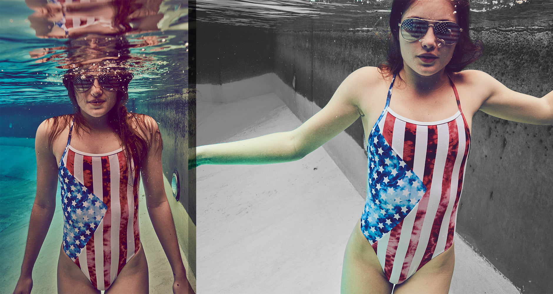a woman floating in a pool in a flag one piece JOLYN bathing suit