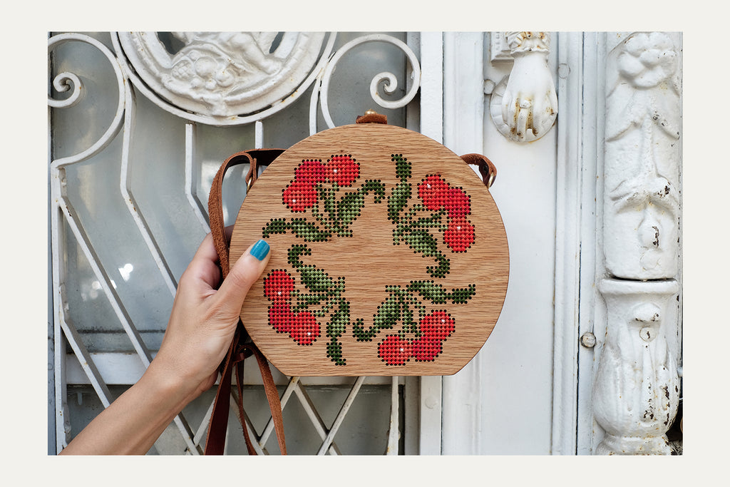 Cherry Stitched Wood Bag by Grav Grav