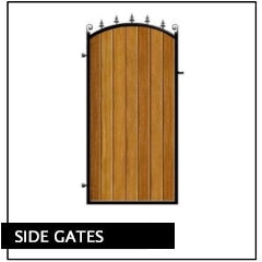 Side Pedestrian Gates. Metal Wrought Iron Framed with Timber Wooden Cladding