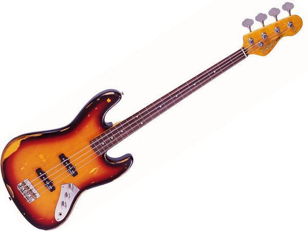 Vintage V74MRJP Distressed Sunset Sunburst Fretless Bass