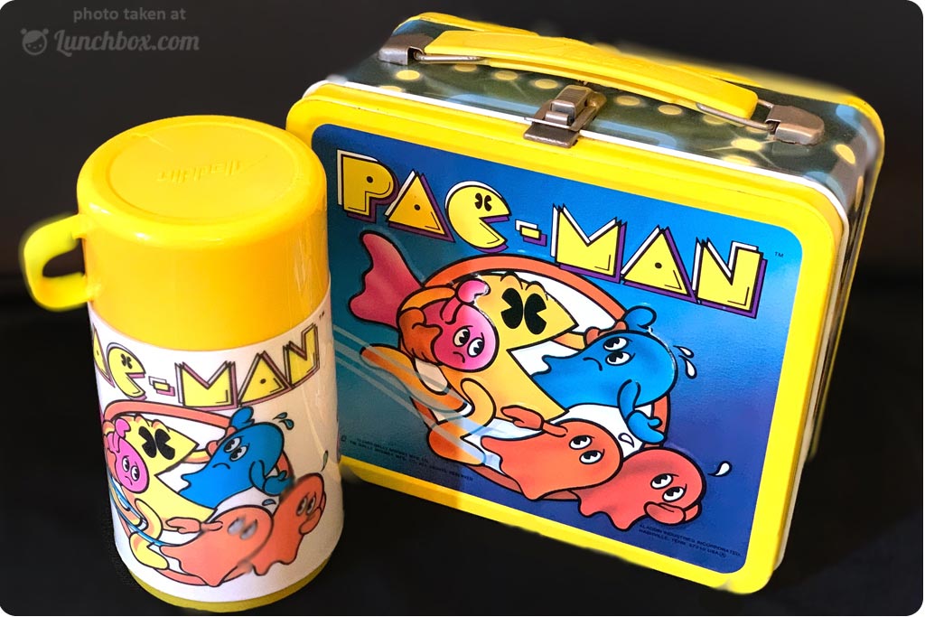 Pac-Man Tin Metal Lunchbox With Thermos 1980 Aladdin Bally Midway Pacman USED 