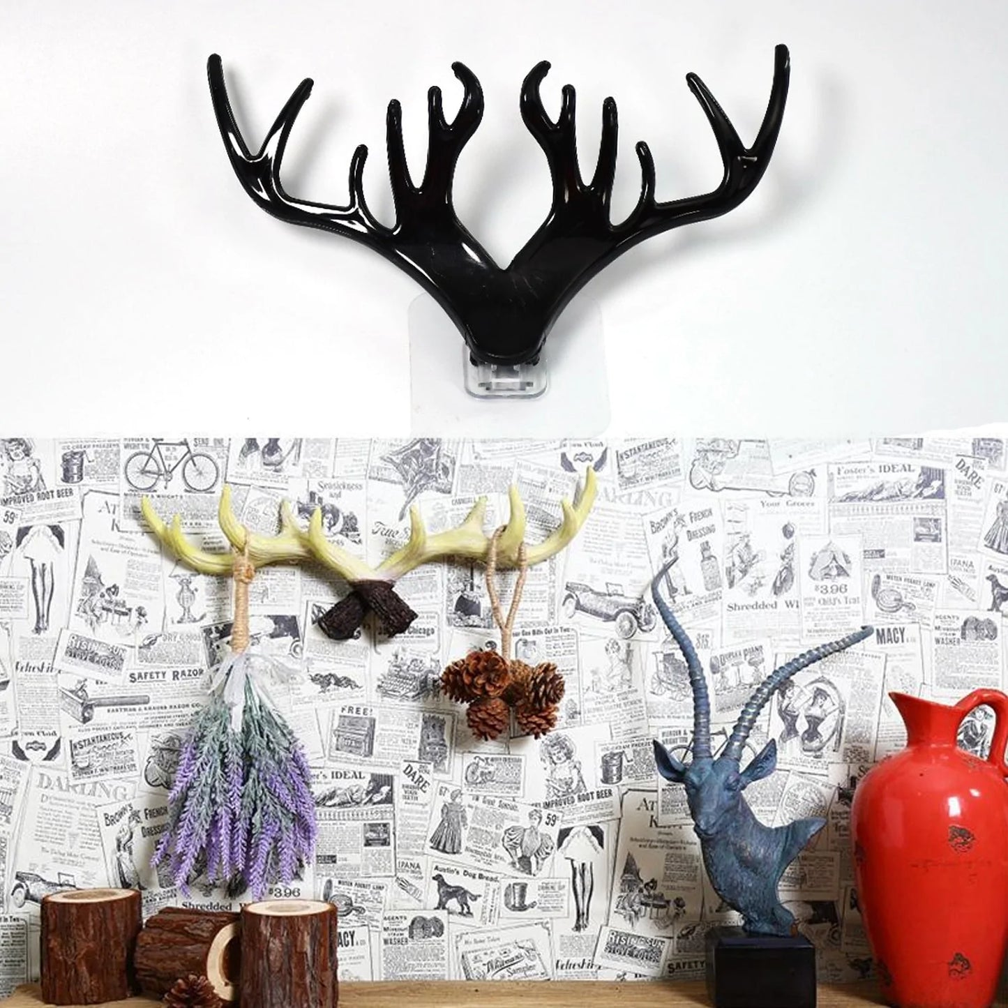9060 Deer Head Hanging Hook, Self Adhesive Wall Door Hook Hanger Bag Keys Sticky Holder (Black)