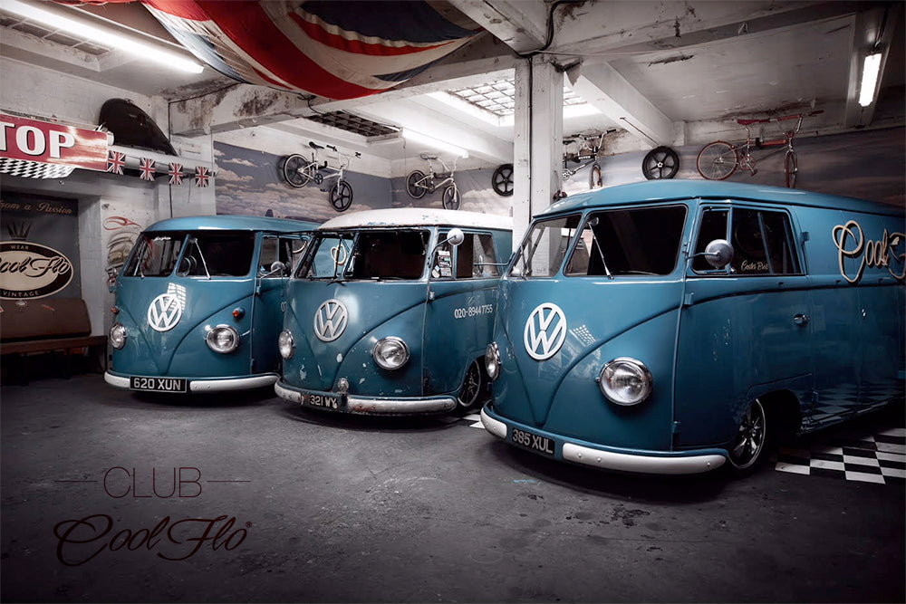Dove Blue Cool Flo VW buses parked up alongside old skool BMX bikes with Club Cool Flo text overlaid