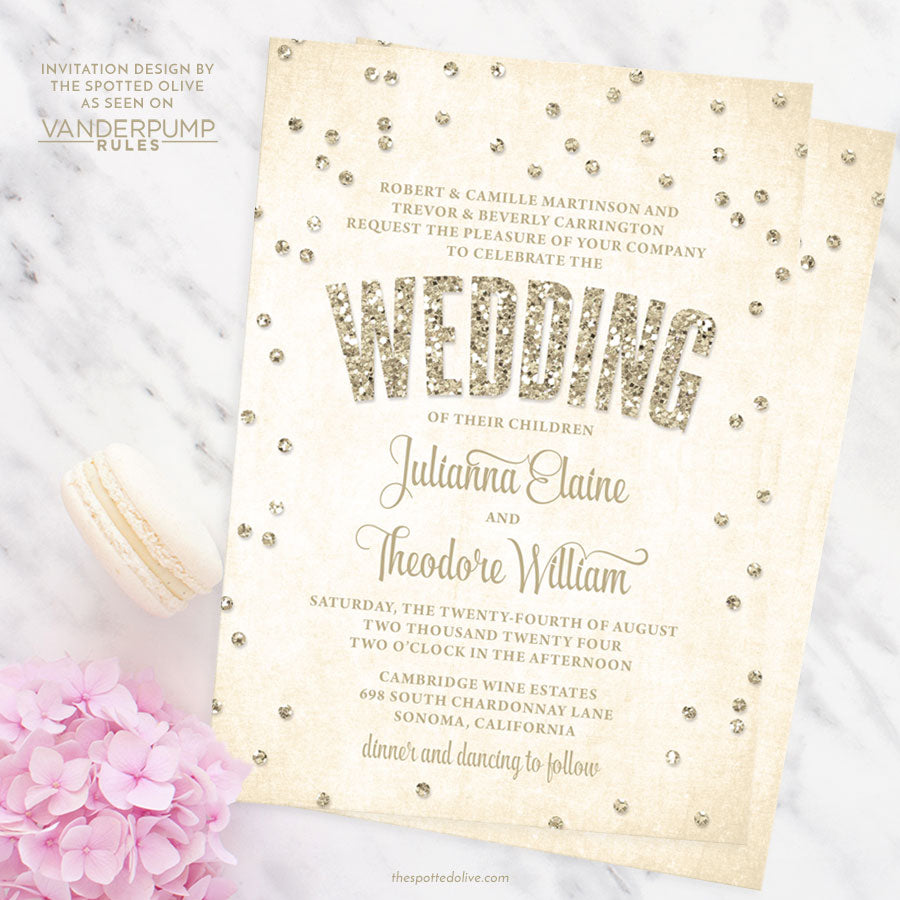 Champagne Confetti Wedding Invitations by The Spotted Olive As Seen on Vanderpump Rules