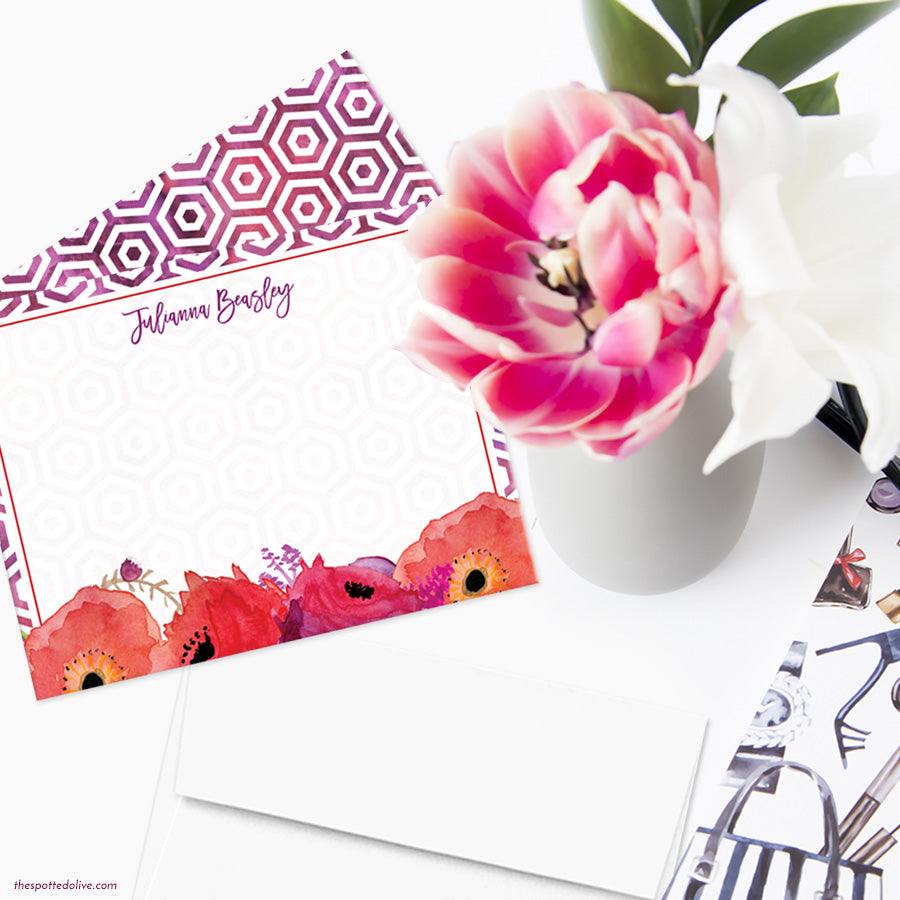 Red & Purple Flowers Personalized Note Cards by The Spotted Olive