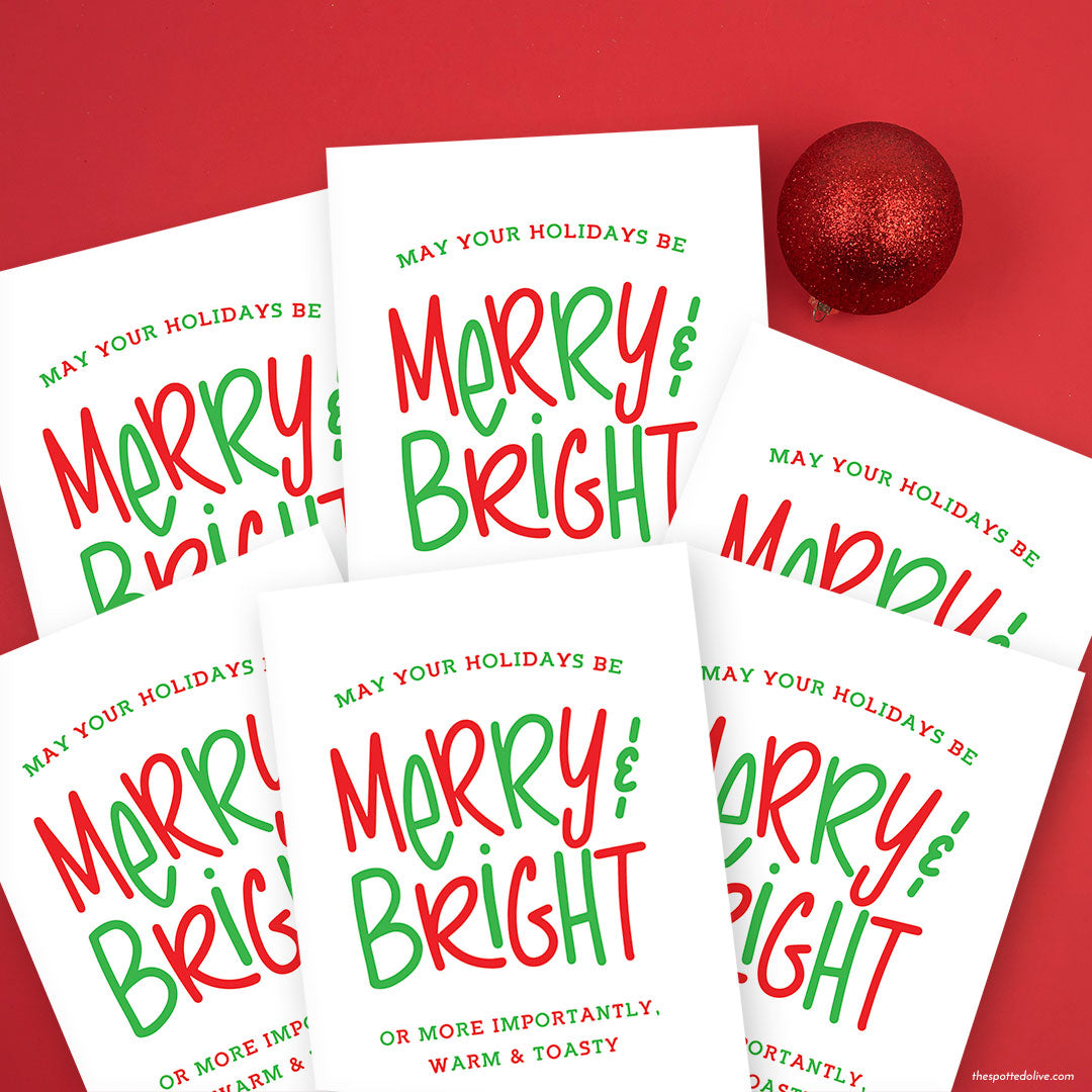 Hand Lettered Merry & Bright Holiday Cards on a red background with red sparkly ornaments