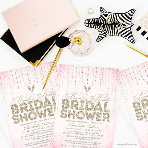 Pink & Gold Streaming Gems Brunch & Bubbly Bridal Shower Invitations