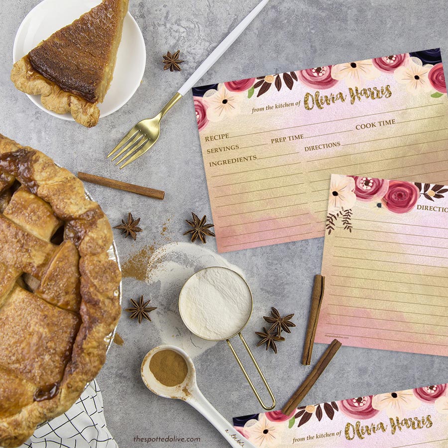Personalized Recipe Cards on counter top with pie