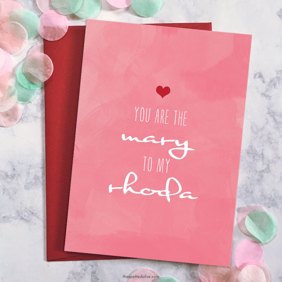 You Are The Mary To My Rhoda Galentine's Day Card with red envelope surrounded by confetti
