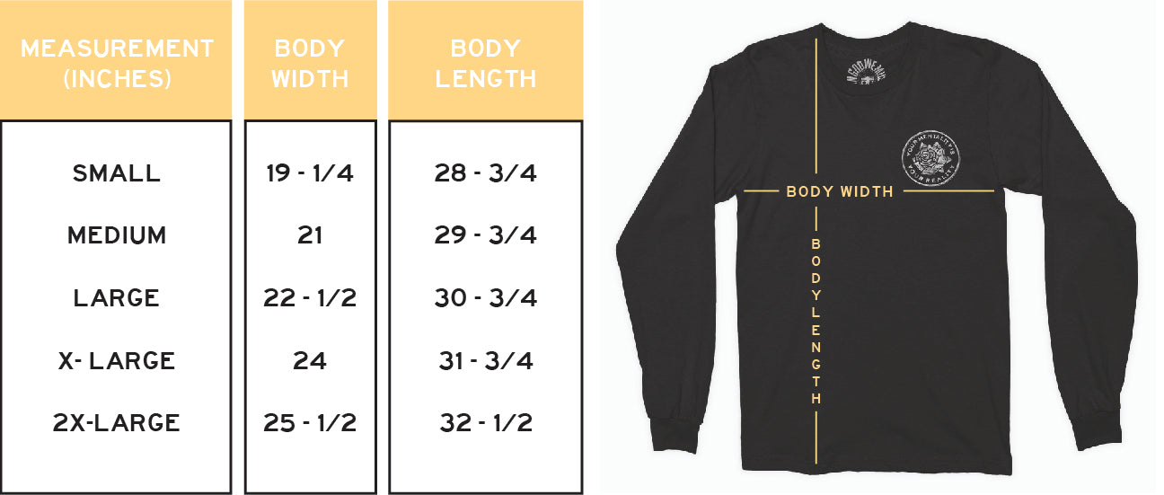 In God We Must Long Sleeve T-shirt Sizing Guide