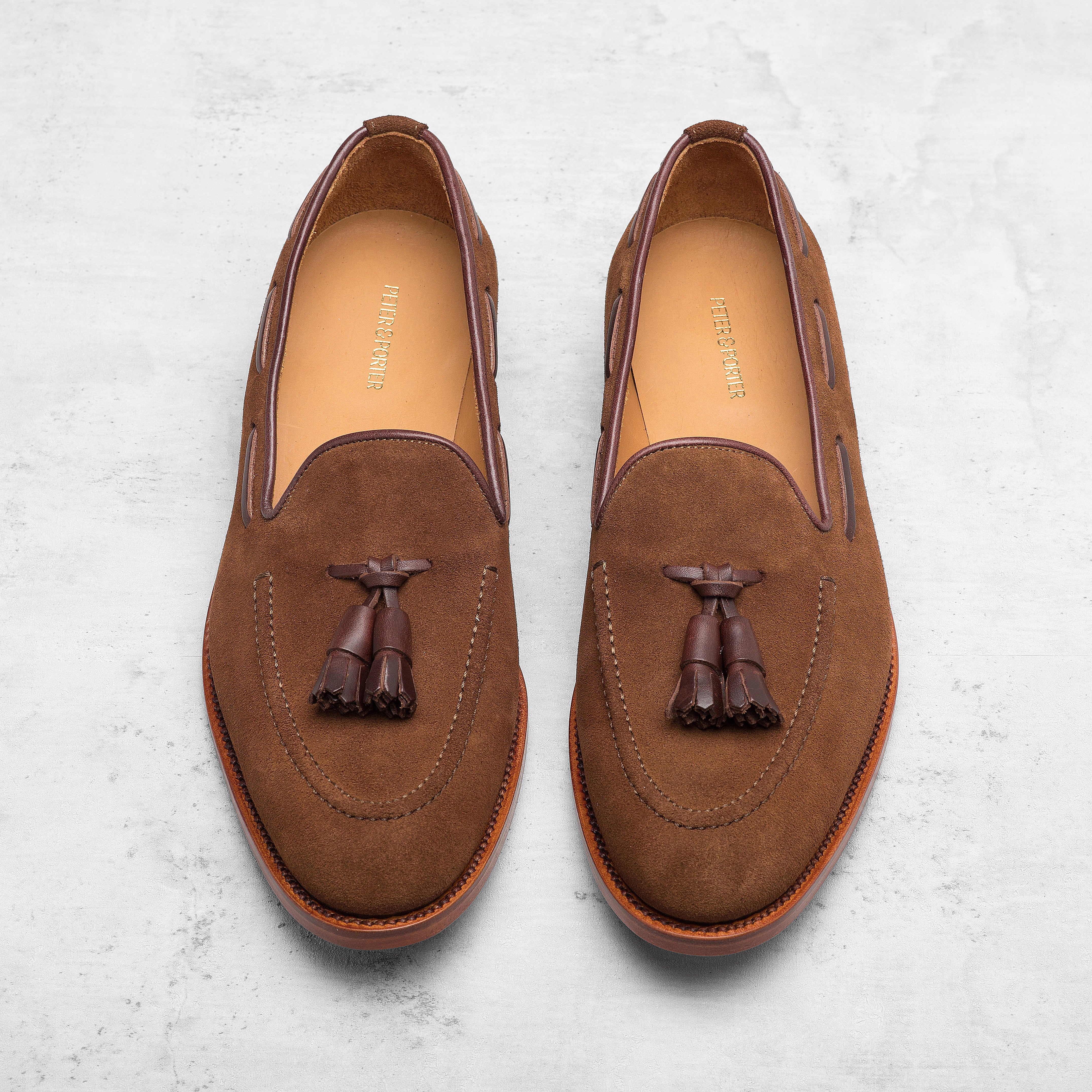 emmy camel suede pointed loafers