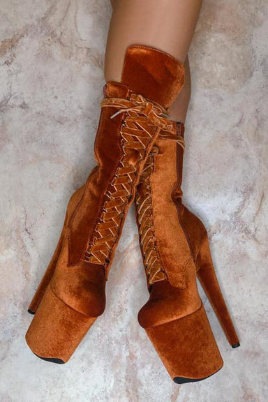 Hella Heels BabyDoll Velvet 8inch Boots - Brandy-Hella Heels-Redneck buddy