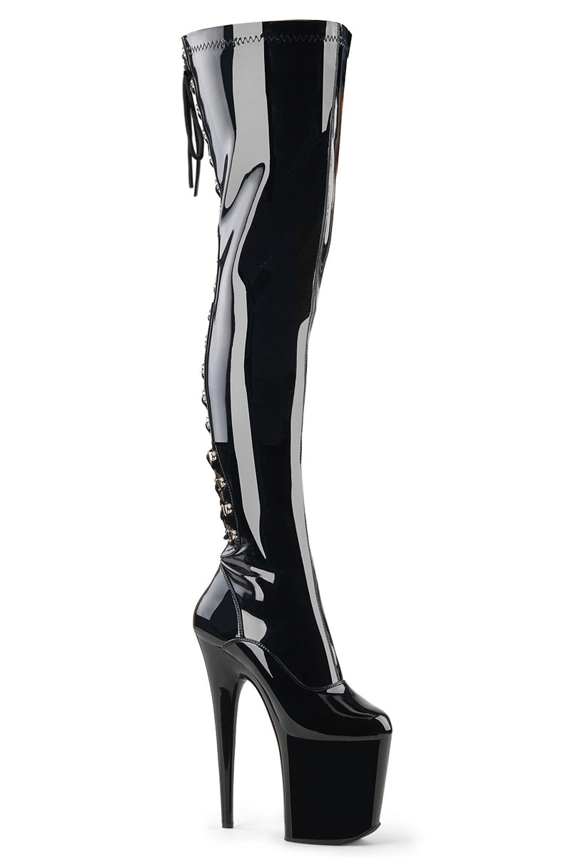 Pleaser USA Flamingo-3063 8inch Thigh High Pleaser Boots - Patent Black-Pleaser USA-Redneck buddy