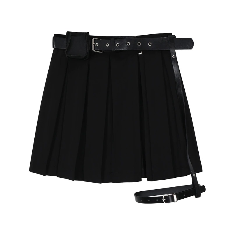 Gothic Womens Pleated Mini Skirts Sexy Black High Waist Skirts With Belt Hardnheavy 9425