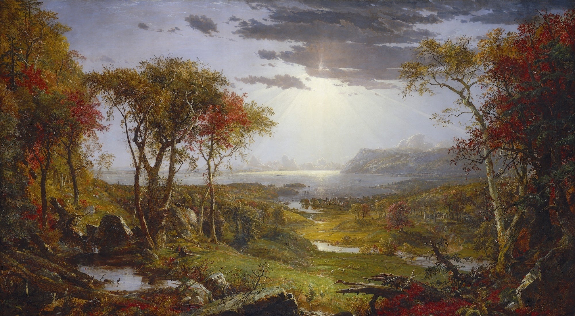 Autumn-On the Hudson River, Jasper Francis Cropsey, 1860, American painting, oil on canvas. The view is toward the southeast and includes Storm King. Cropsey painted the large canvas in his London studio
