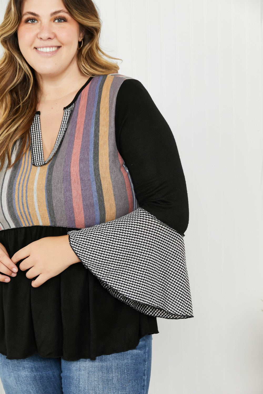 Sugarfox Full Size Striped Notched Flare Sleeve Top