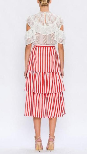 Red Striped Skirt With Tiered Ruffles 