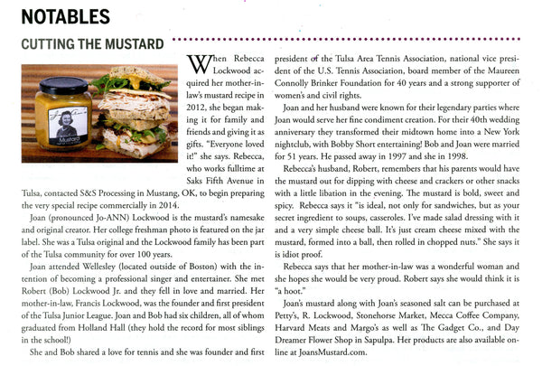 JoAn's Mustard featured in Edibles Tulsa September 2015 issue