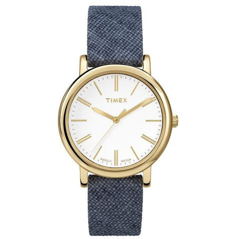 Timex TW2P63800AB Orignals Small Women's Analog Display Quartz Watch, Blue Linen Fabric Band, Round 33mm Case