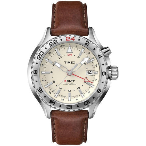 Timex T2P426 3-GMT Men's Analog Display Quartz Watch, Brown Leather Band, Round 47mm Case