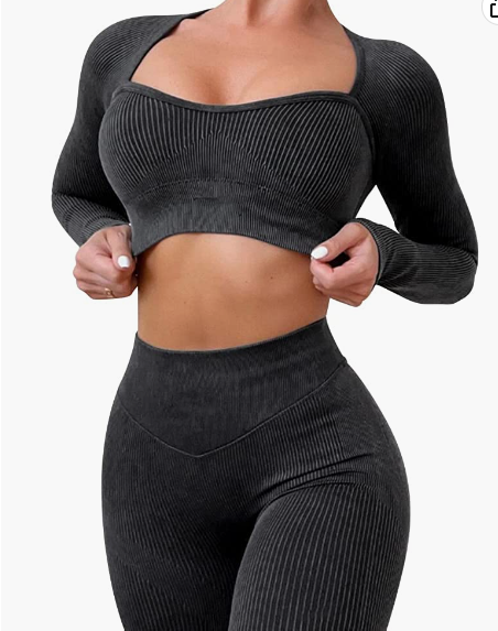 Workout Sets for Women 2 Piece Ribbed Seamless Long Sleeve Crop Top Hi –  xinyogaset
