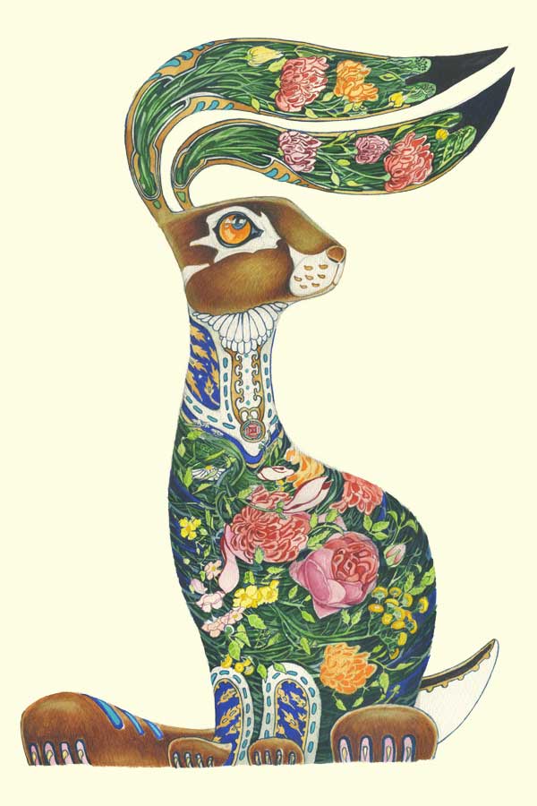 Hare with flower looking up