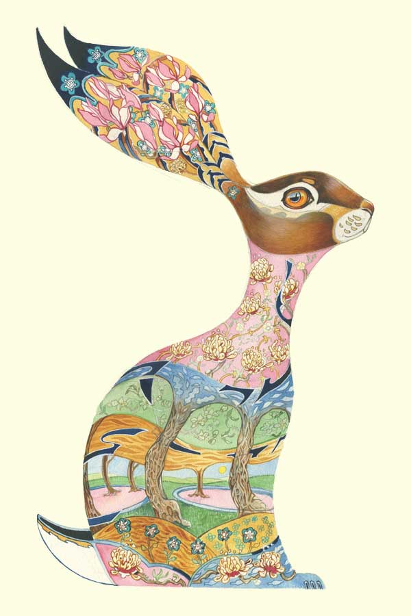 Hare with decorative pink flowers interior 