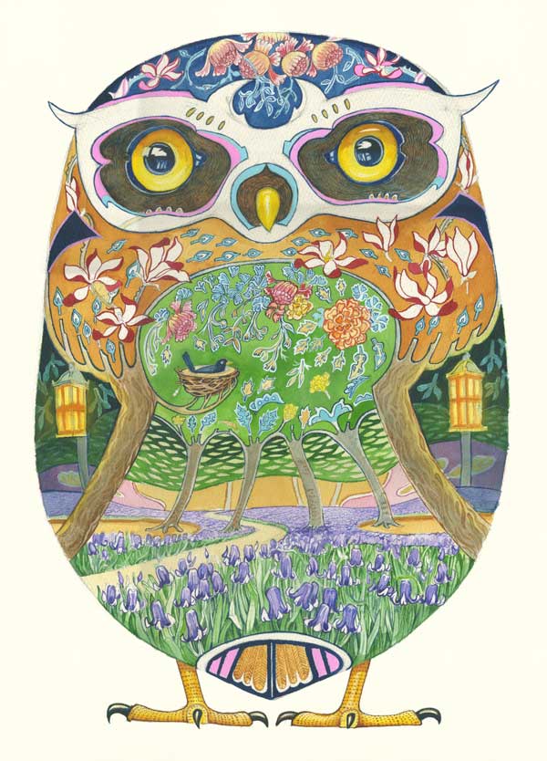 Owl Greetings Card- decorative owl in woodland