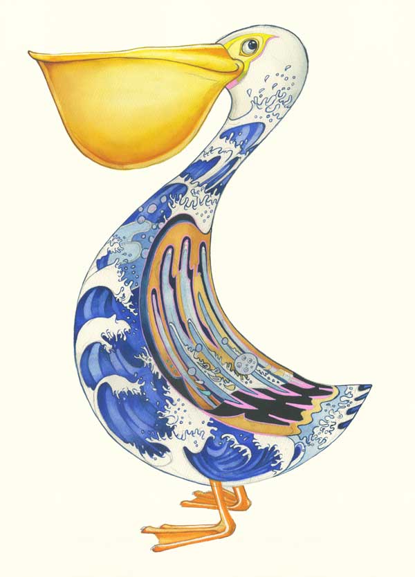Pelican Art deco design with blue and gold