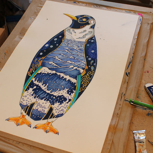 Penguin with seascape interior painting in progress