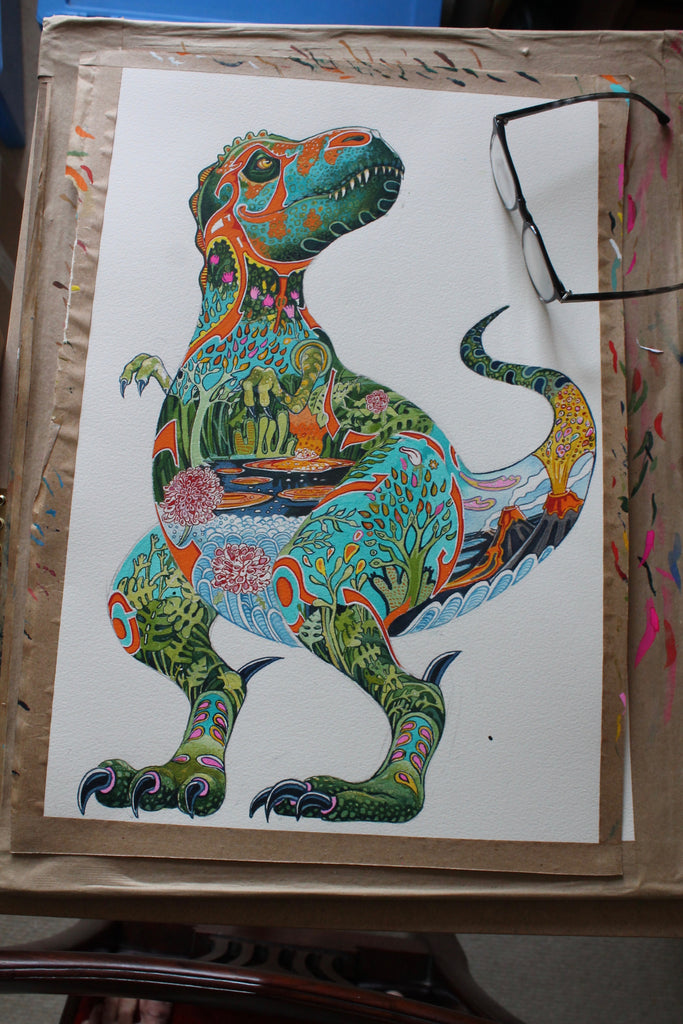 T rex painting with jurassic landscape
