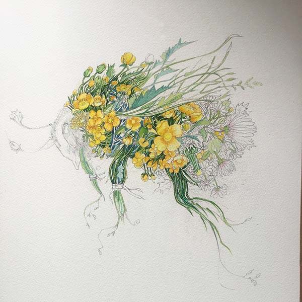 Bumblebee painting in progress with yellow flowers