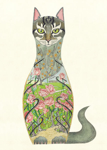 cat in a rose garden illustration