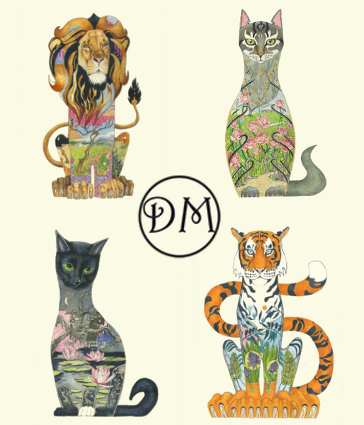 Cats big and small - lion, tiger, black cat and cat in rose garden designs
