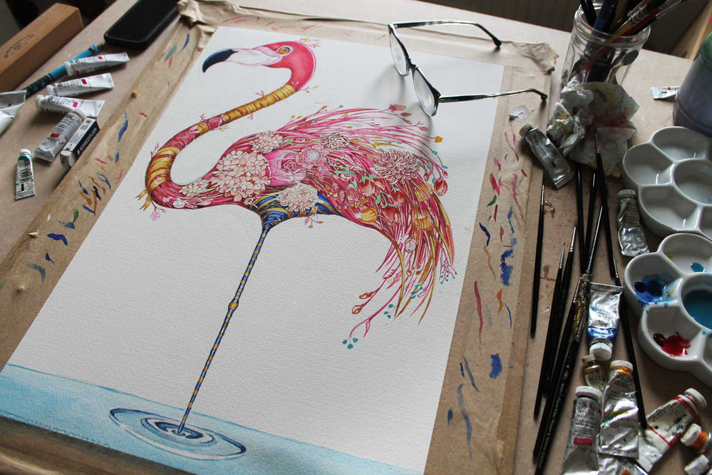 Flamingo Painting in pinks and golds