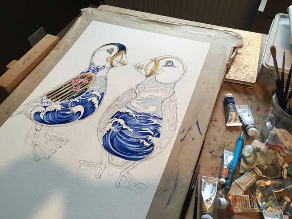Puffin water colour in progress with ocean interior