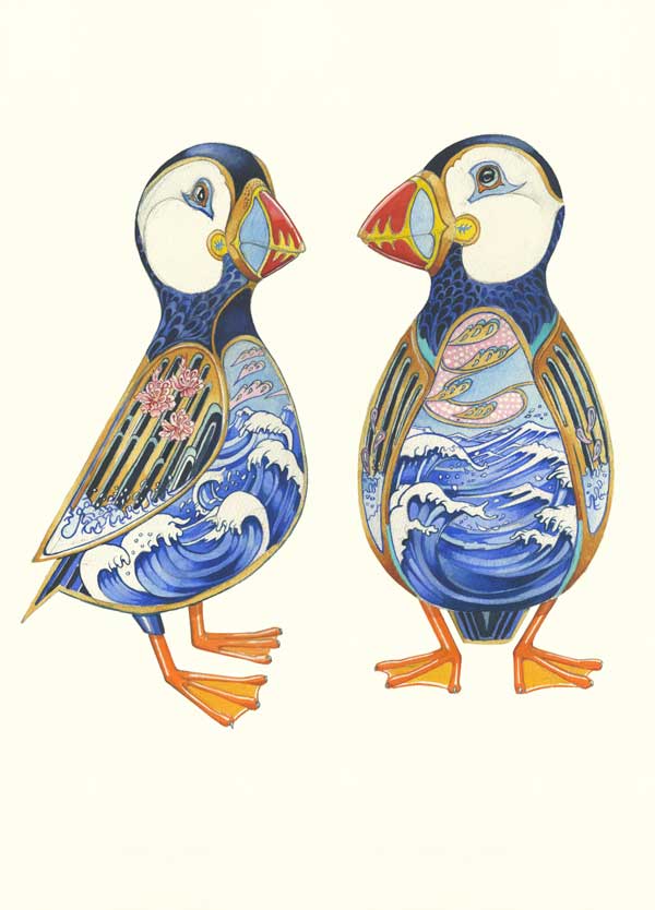Puffins with seascape interior 