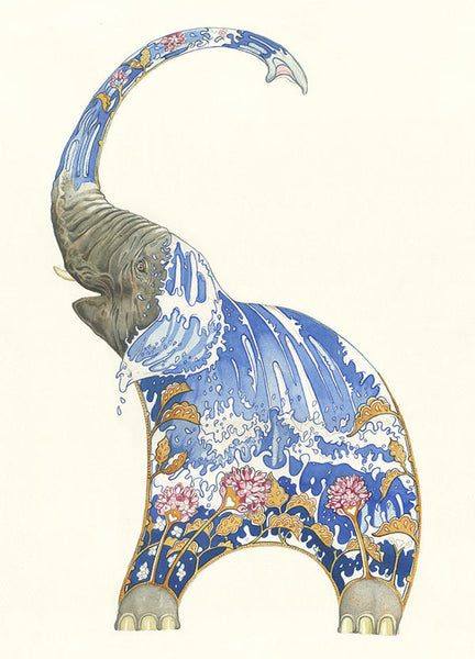 Elephant squirting water watercolour illustration