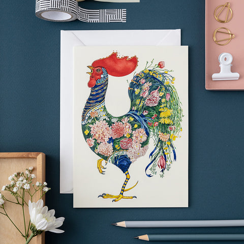 Rooster with Flowers greetings Card