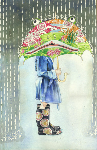 Girl with frog umbrella Greetings Cards-The DM collection 