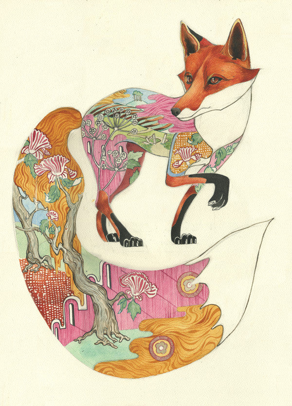 Fox design with countryside landscape- Greetings Card