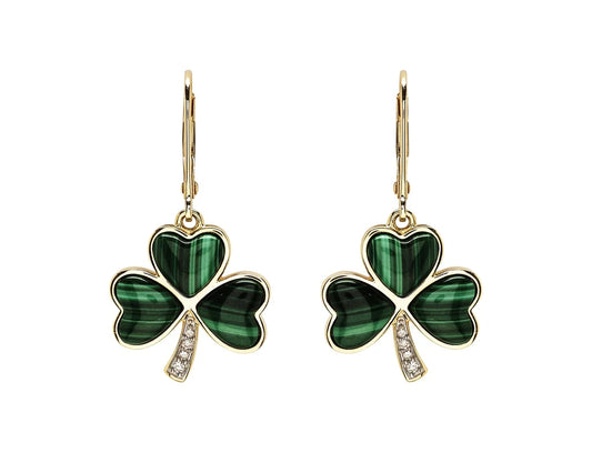 14K Gold Lab Diamond Shamrock Malachite Earrings