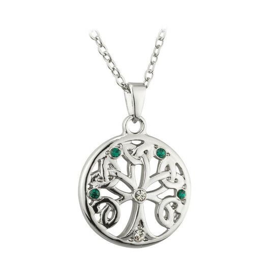 Rhodium CZ Green & White Tree of Life Necklace