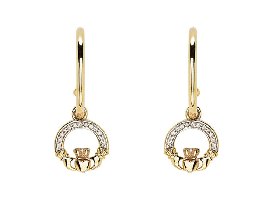 14K Gold Lab Diamond Claddagh Drop Earrings .08ct