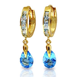 4.2 Carat 14K Solid Gold Huggie Earrings Dangling Blue Topaz