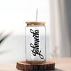 Personalized 16 oz Glass Cup with Bamboo Lid